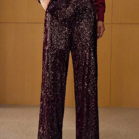 Burgundy Party Women's Contrast Sequin Straight Leg Suit Pants